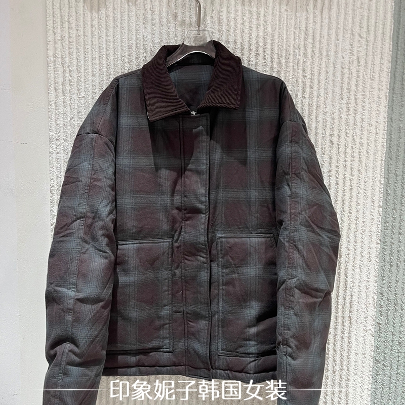 欧洲站2025冬季新款PH23翻领复古格纹羽绒服女休闲白鸭绒外套1829