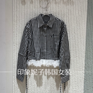 子衬衫 欧洲站2026年春季 新款 学院风格 花边拼接洋气上衣6351 女短款