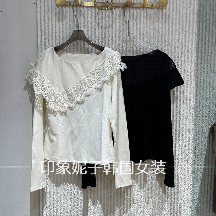 欧洲站 2026 秋季新款米白黑一字肩蕾丝拼接丝绒上衣女66183