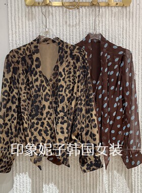 欧洲站秋V领豹纹波点衬衫女