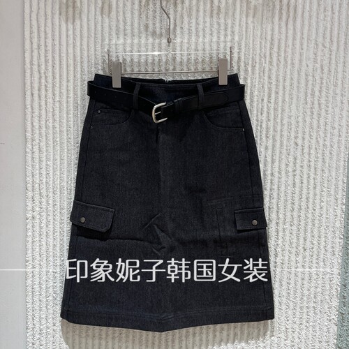 欧洲站秋季配腰带工装牛仔中裙