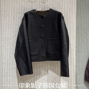 圆领单排扣长袖 时尚 两面穿皮衣外套女1383 新款 欧洲站2025秋季