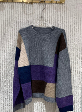 欧洲站2025冬季新款拼色圆领宽松针织衫女慵懒风毛衣上衣251136