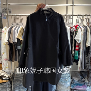 韩国进口2026秋季新款长袖休闲立领宽松中长款短外套女装拉链黑色