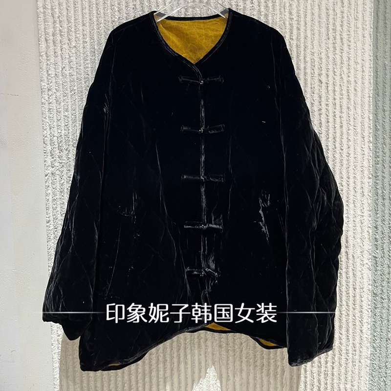 欧洲站2025冬季新款 时尚圆领盘扣新中式拼色两穿真丝鹅绒服25154