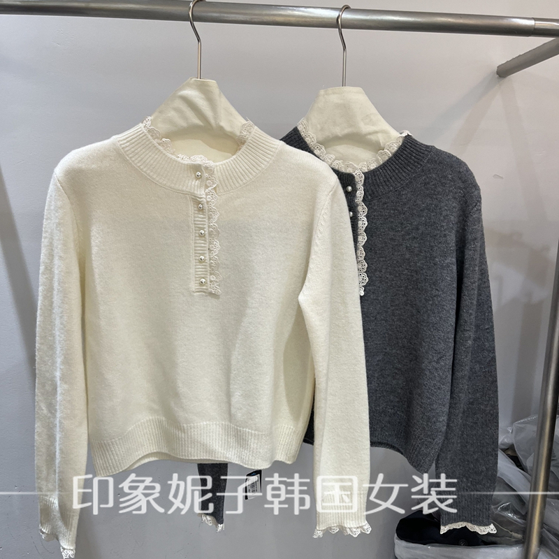 欧洲站2025冬季新款时尚百搭圆领珍珠扣蕾丝拼接针织衫毛衣89703