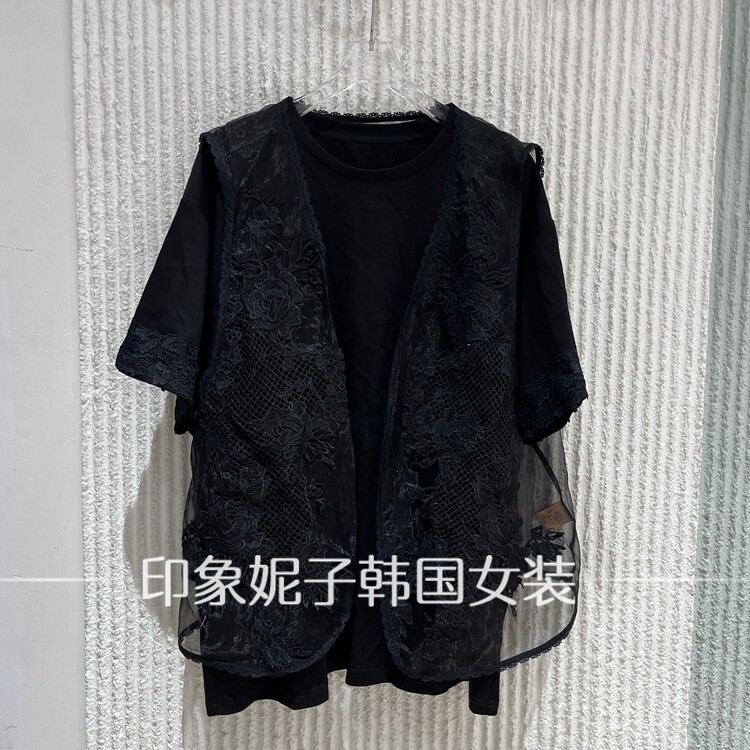 现货欧洲站2026夏季新款刺绣衬衫女透视网纱拼接13951