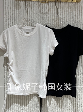 欧洲站2026夏新款时尚百搭圆领短袖T恤女侧褶皱收腰显瘦上衣60510