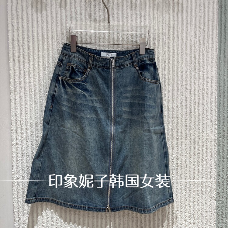 现货欧洲站2026夏季新款高腰拉链水洗直筒牛仔半身裙68915