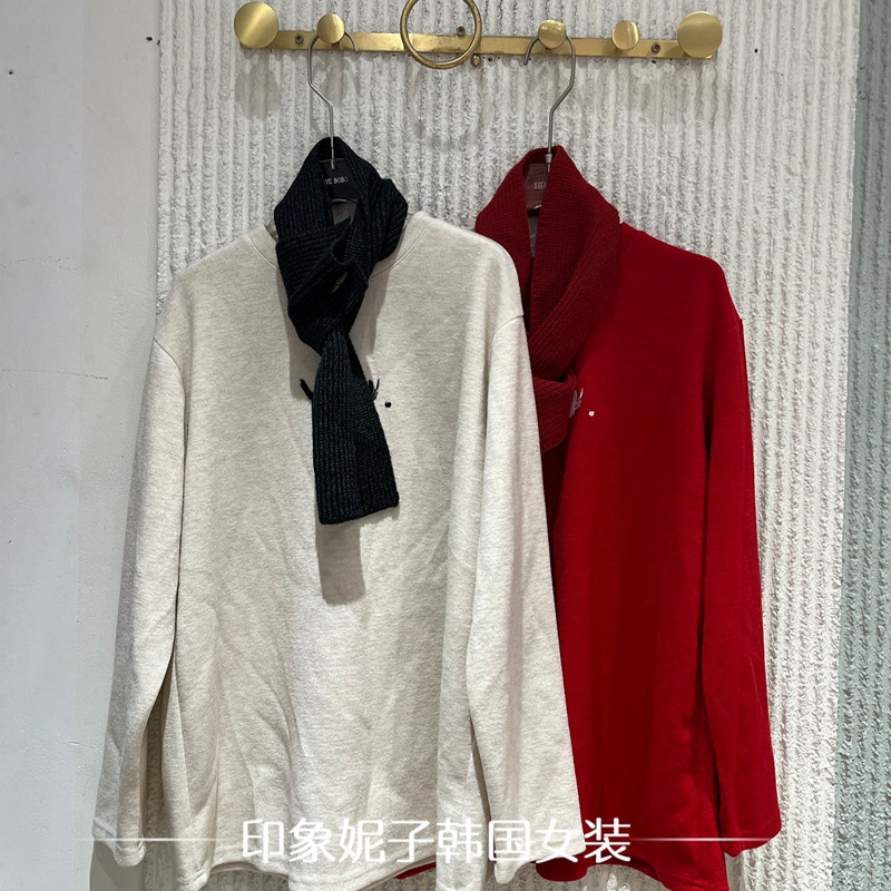 欧洲站2025冬季新款 T.21圆领字母印花宽松休闲长袖围巾T恤952299