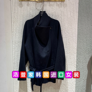 欧洲站 2026 秋冬不规则领系带收腰呢短大衣女2919