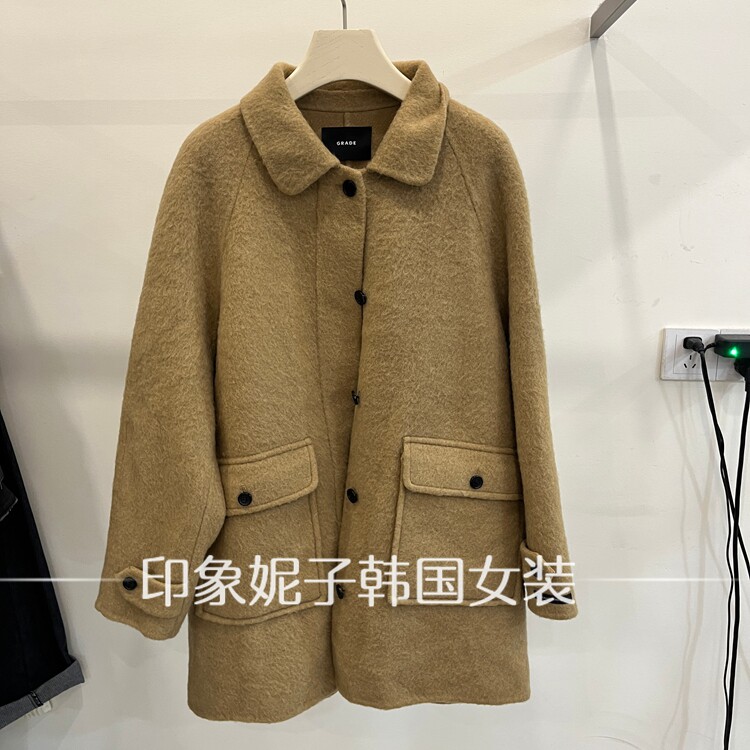 翻领单排扣毛呢大衣女中长款双口袋百搭气质外套