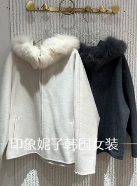 欧洲站秋新连帽大毛领短款呢外套