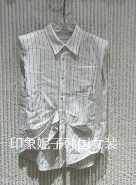 现货欧洲站2026夏季新款休闲条纹宽松系带翻领无袖衬衫5804