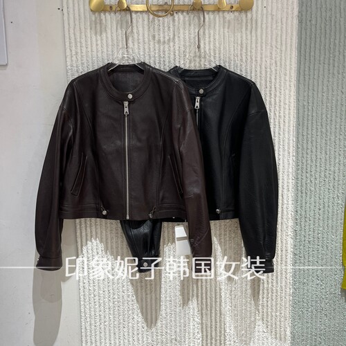 PH23复古立领短款皮衣女