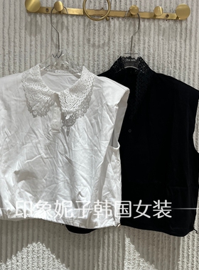 现货欧洲站2026夏新款蕾丝翻领无袖T恤女白色红色小翻领上衣19859