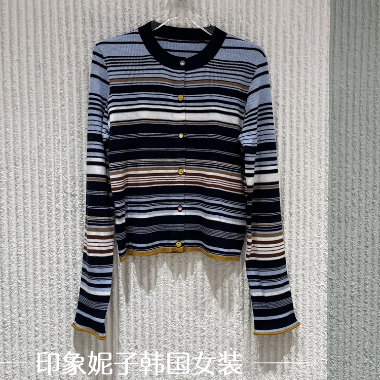 欧洲站2025秋季新款时尚百搭系扣圆领条纹长袖针织开衫毛衣女8823