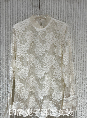 欧洲站2025冬季新款 时尚拼接花边立领长袖蕾丝上衣打底衫101131