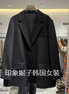 欧洲站秋冬黑色西装领宽松大衣女
