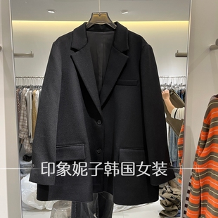 欧洲站 2026 秋冬黑色西装领宽松大衣女