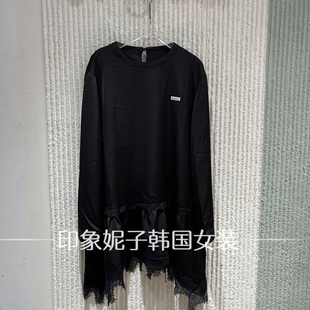 欧洲站2026时尚洋气黑色长袖连衣裙女下摆拼蕾丝不规则个性裙3107