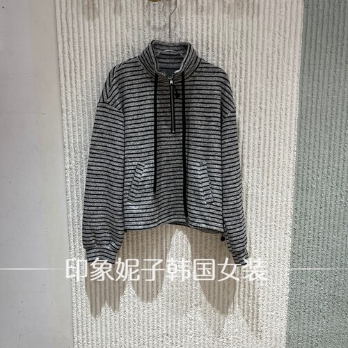 欧洲站秋季灰黑条纹半拉链卫衣女