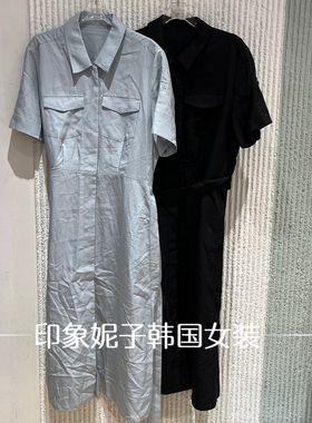 现货欧洲站2026夏季新款休闲腰带翻领收腰女装短袖连衣裙15599