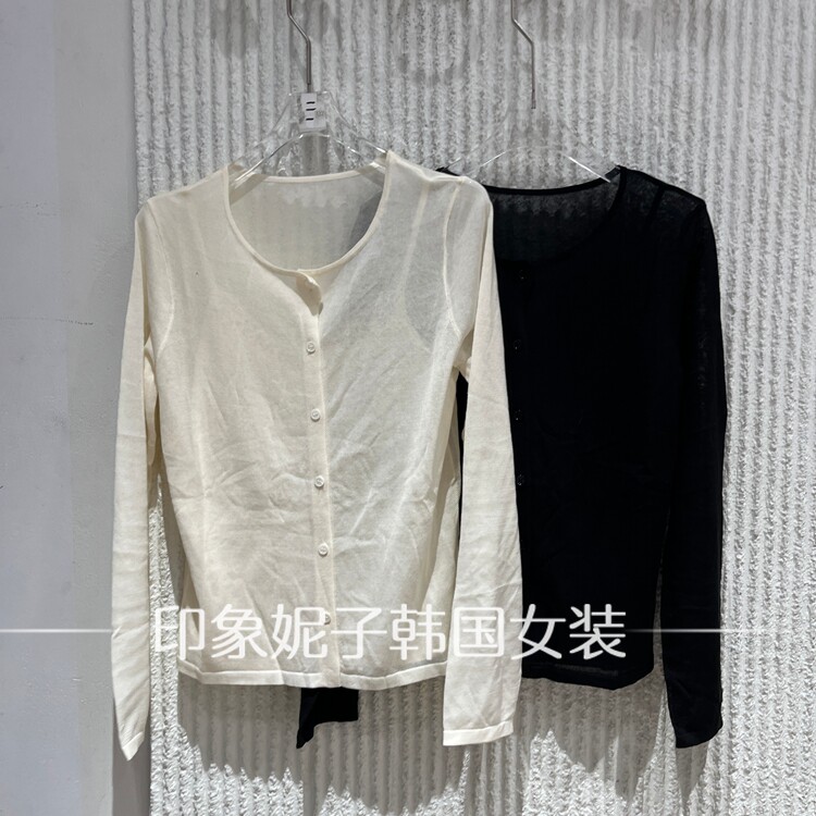 现货欧洲站2026夏季新款圆领珍珠扣针织开衫女长袖薄款2360