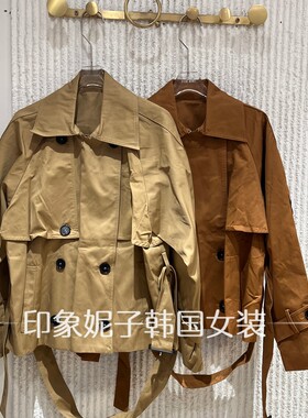 欧洲站2026秋季新双排扣翻领短款风衣女系腰带显瘦外套15922