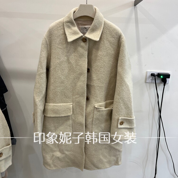 韩国进口2026冬季新款翻领中长款双排扣口袋气质羊毛大衣