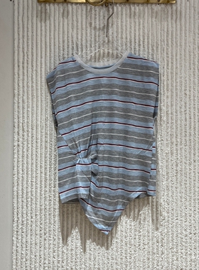 欧洲站2026夏新款无袖条纹T恤女圆领收腰显瘦不规则下摆上衣581