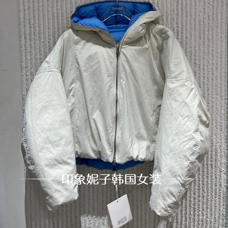 欧洲站2025冬季新款ph23时尚拼色两面穿连帽羽绒服白鹅绒外套6388