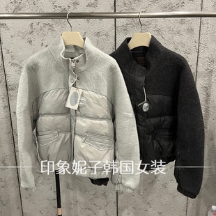 欧洲站 2026 秋冬新款拼接立领短款羽绒棉服外套女