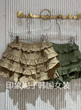 欧洲站2026夏新款松紧腰荷叶边蛋糕短裤女显瘦层次感休闲裤33131