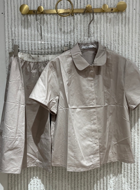 欧洲站2026夏新款学院风小翻领短袖衬衫女夏纯色上衣二件套68658