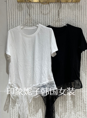 欧洲站2026春季新款下摆拼接蕾丝系带短袖棉t恤女洋气上衣潮26074