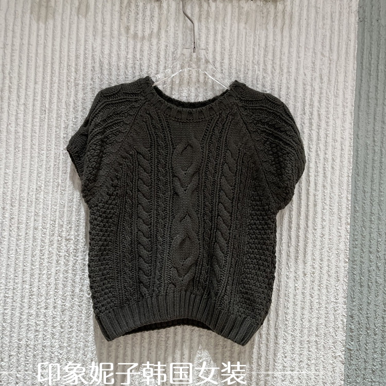 欧洲站2025秋季新款 时尚百搭纯色圆领短袖麻花针织衫毛衣66870