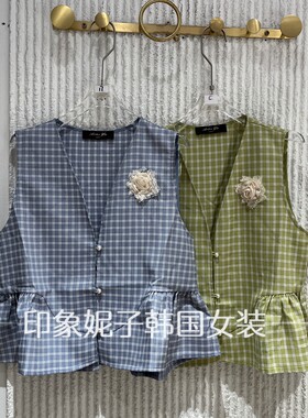 欧洲站2026夏格纹单排扣马甲女