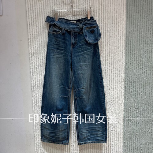 欧洲站2026秋季新款高腰弯刀牛仔裤女宽松显瘦阔腿裤蓝色87835