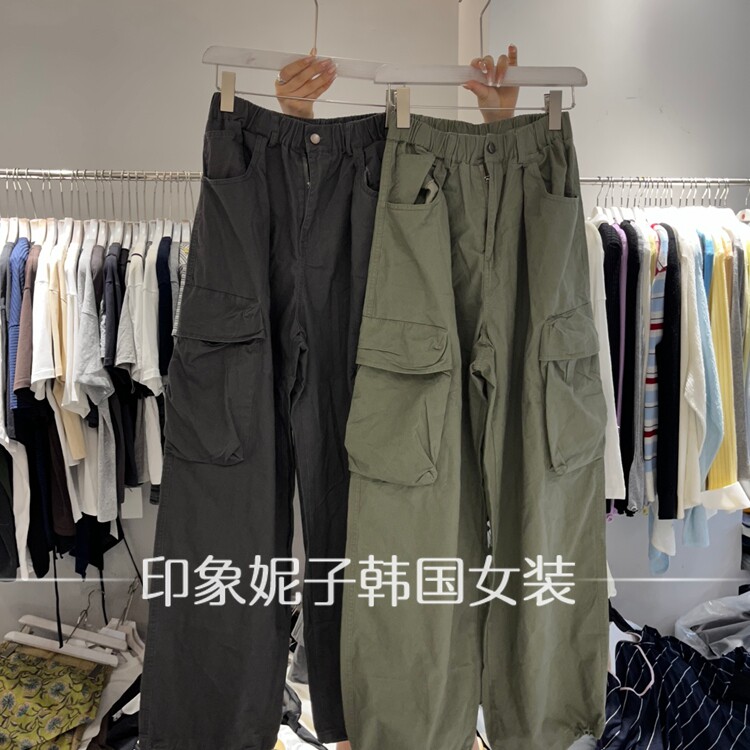 欧洲站工装风松紧腰多口袋休闲裤女宽松显瘦百搭直筒裤