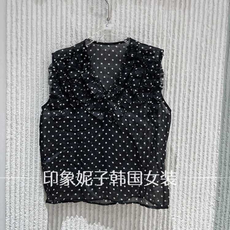 现货欧洲站2026夏季新款波点无袖衬衫女V领套头荷叶边显瘦15066