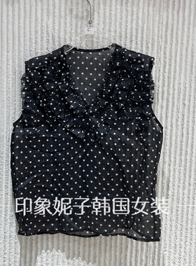 现货欧洲站2026夏季新款波点无袖衬衫女V领套头荷叶边显瘦15066