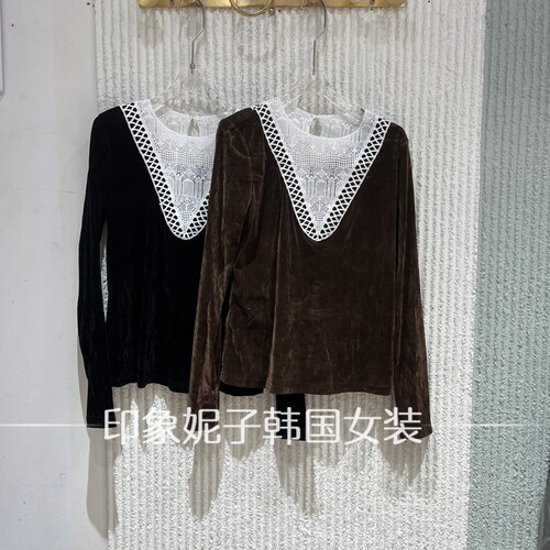 欧洲站2026秋季新款蕾丝拼接丝绒长袖T恤女百搭显瘦上衣16255