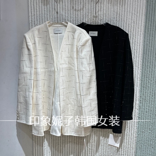 欧洲站 2026 秋冬米白黑色线条提花无领中长款外套女0269