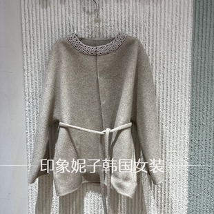 欧洲站2026冬季新款女蕾丝领收腰系带中长款大衣百搭25398
