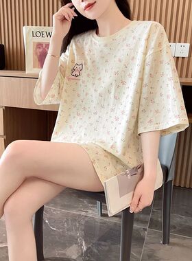 纯棉美式满印甜美小碎花短袖女夏宽松韩系刺绣猫咪T恤奶呼呼上衣