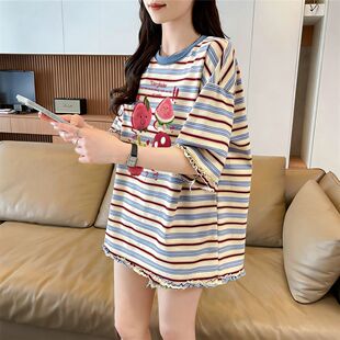 初中高中学生纯棉花边条纹短袖t恤女新款夏季宽松大码女装上衣服