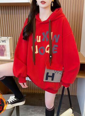 纯棉遮屁股爆款帽衫初高中学生加绒卫衣女秋冬季慵懒风松弛感帽衫