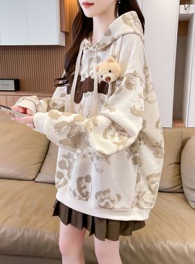 纯棉可爱小熊加绒加厚连帽卫衣女秋冬季新爆薄厚款设计感上衣外套