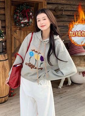 韩系花朵刺绣连帽卫衣女秋冬季小个子穿搭加绒加厚宽松慵懒风上衣